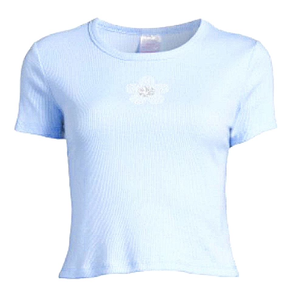 Cropped Baby Blue Summer Cotton Tee with Short Sleeves Relaxed Stretchy Preppy